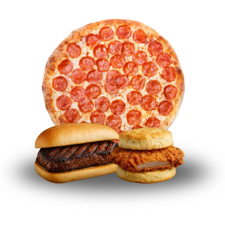 Pizza, Steak Sandwich, Chicken Sandwich