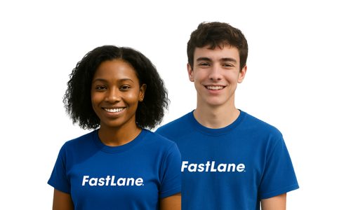 Two employees wearing FastLane shirts