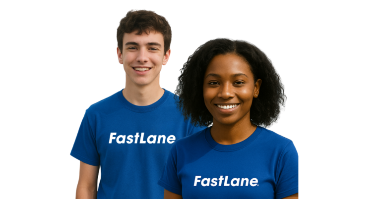 Male and female employees wearing blue FastLane shirts