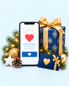 A holiday-themed online donation display featuring a smartphone with a heart icon, a wrapped gift, a gift card, and festive decorations.