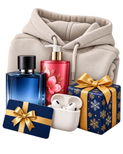 Holiday gift bundle featuring a hoodie, cologne, lotion, earbuds, a gift card, and wrapped present for teen gift inspiration
